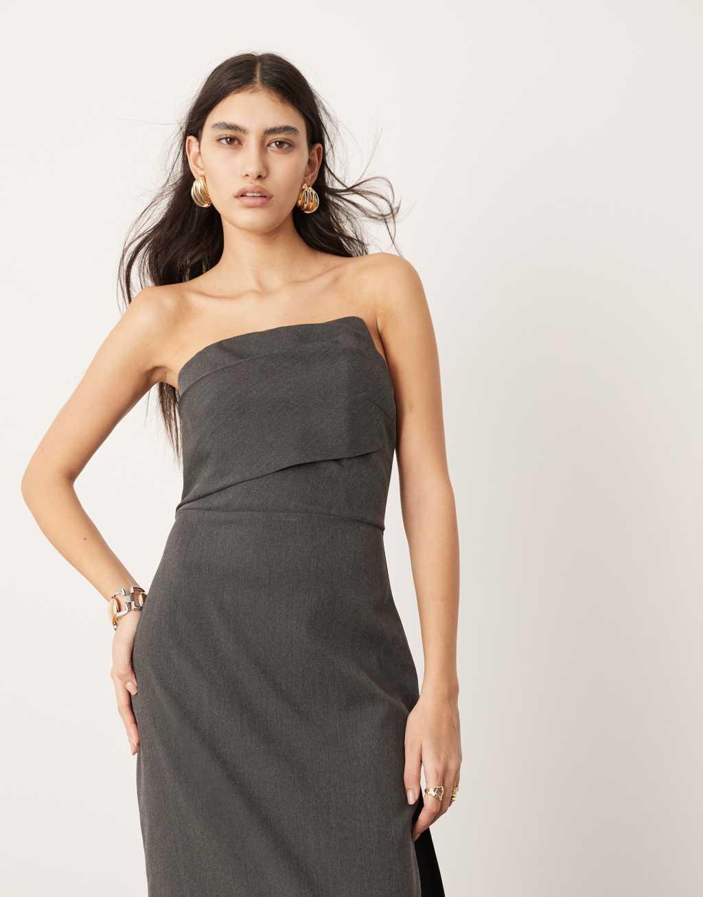 ASOS EDITION tailored asymmetric neck bandeau maxi dress with train in charcoal gray Product Image