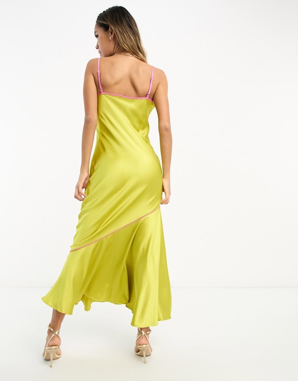 Never Fully Dressed asymmetric contrast satin slip dress in chartreuse Product Image