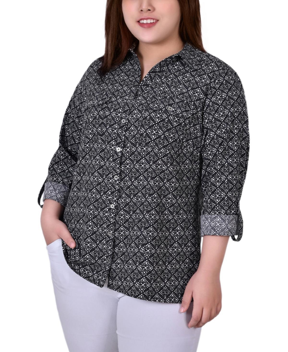 Ny Collection Plus Size 3/4 Sleeve Roll Tab Notch Collar Blouse Product Image