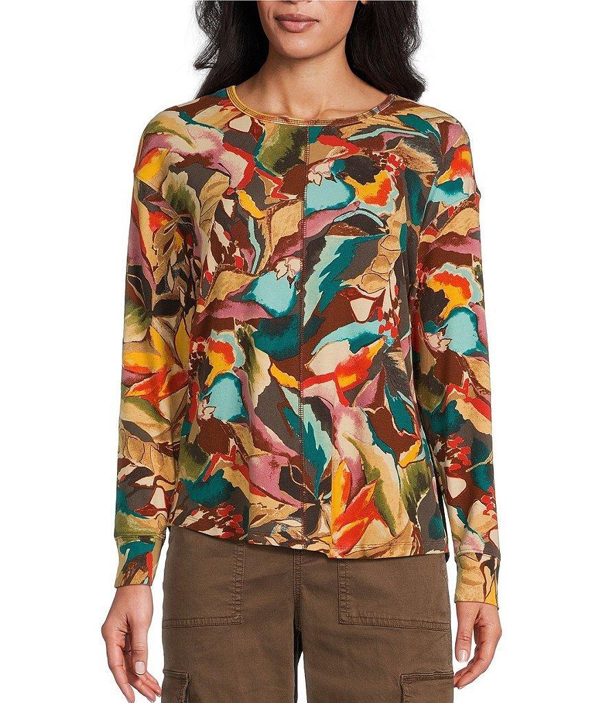 Westbound Autumnal Leaves Print Round Neck Long Sleeve Knit Tee Shirt product image