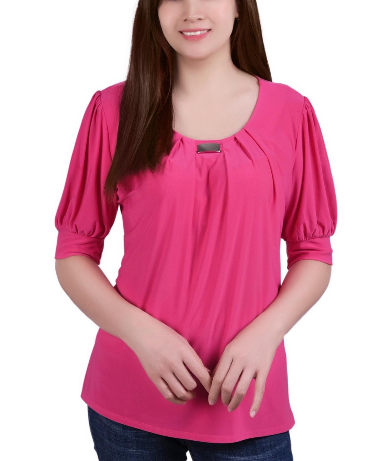 NY Collection Petite Puff Sleeve Pleated Front Blouse -BLUE Product Image