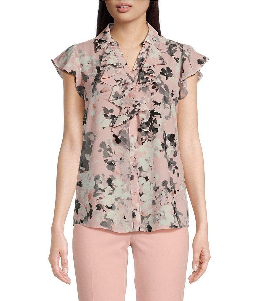 Calvin Klein Floral Print Collared Ruffle Front Cap Sleeve Woven Top Product Image