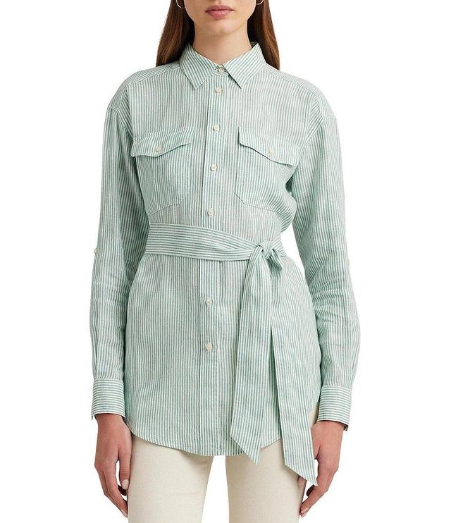 Lauren Ralph Lauren Petite Size Striped Belted Point Collar Long Sleeve Button Down Shirt Product Image