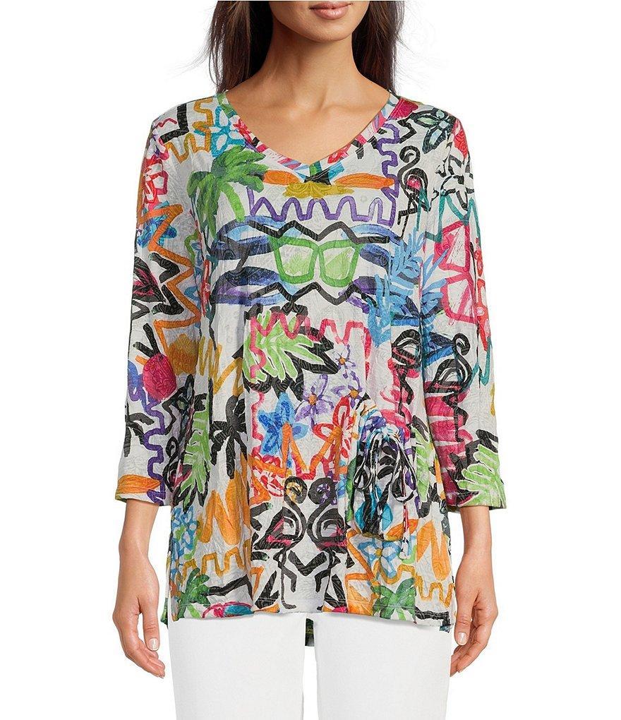 Ali Miles Abstract Doodle Art Print Crinkle Knit V-Neck 3/4 Sleeve Pop Over Tunic Product Image