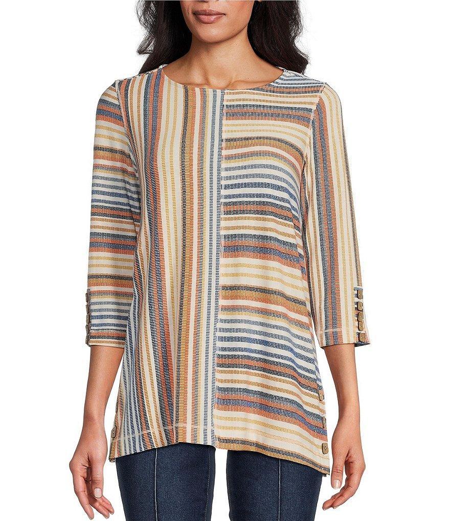 Multiples Petite Size Multi Panel Stripe Print Slub Knit Scoop 3/4 Sleeve Side Decorative Hem Detail Top Product Image