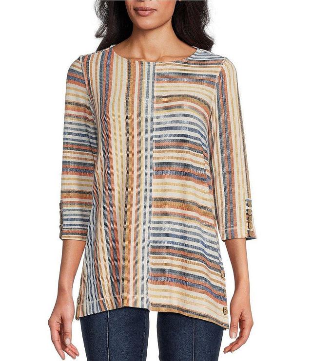 Multiples Petite Size Multi Panel Stripe Print Slub Knit Scoop 3/4 Sleeve Side Decorative Hem Detail Top Product Image