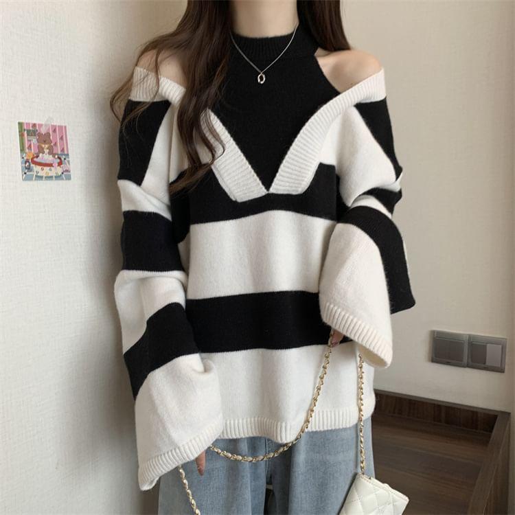 Cold Shoulder Striped Mock Two Piece Oversized Sweater Product Image