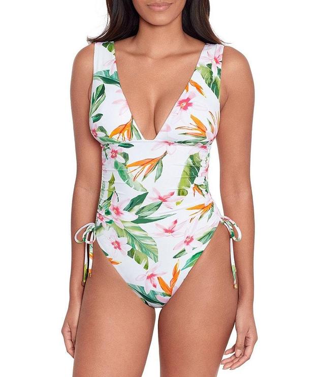 Lauren Ralph Lauren Watercolor Tropical Floral Print Shirred Side Tie Plunge Tank One Piece Swimsuit Product Image