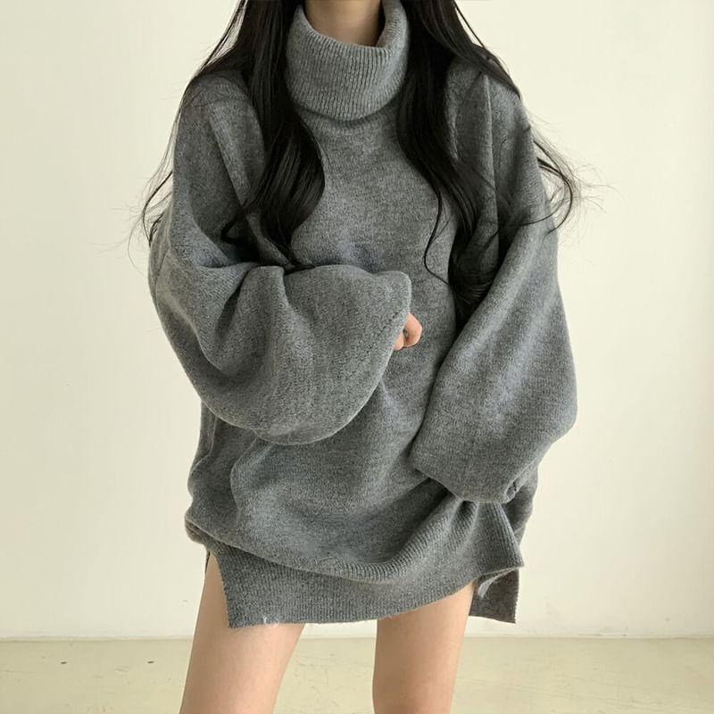 Turtleneck Plain Oversized Sweater Product Image