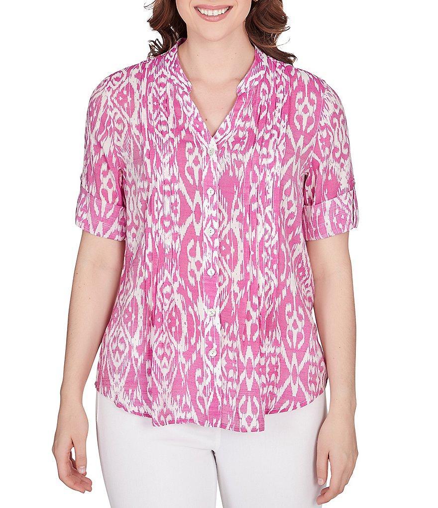 Ruby Rd. Ikat Print Lotus Woven Band Collar Split V-Neck Roll-Tab Sleeve Pleat Detail Button-Down Blouse Product Image