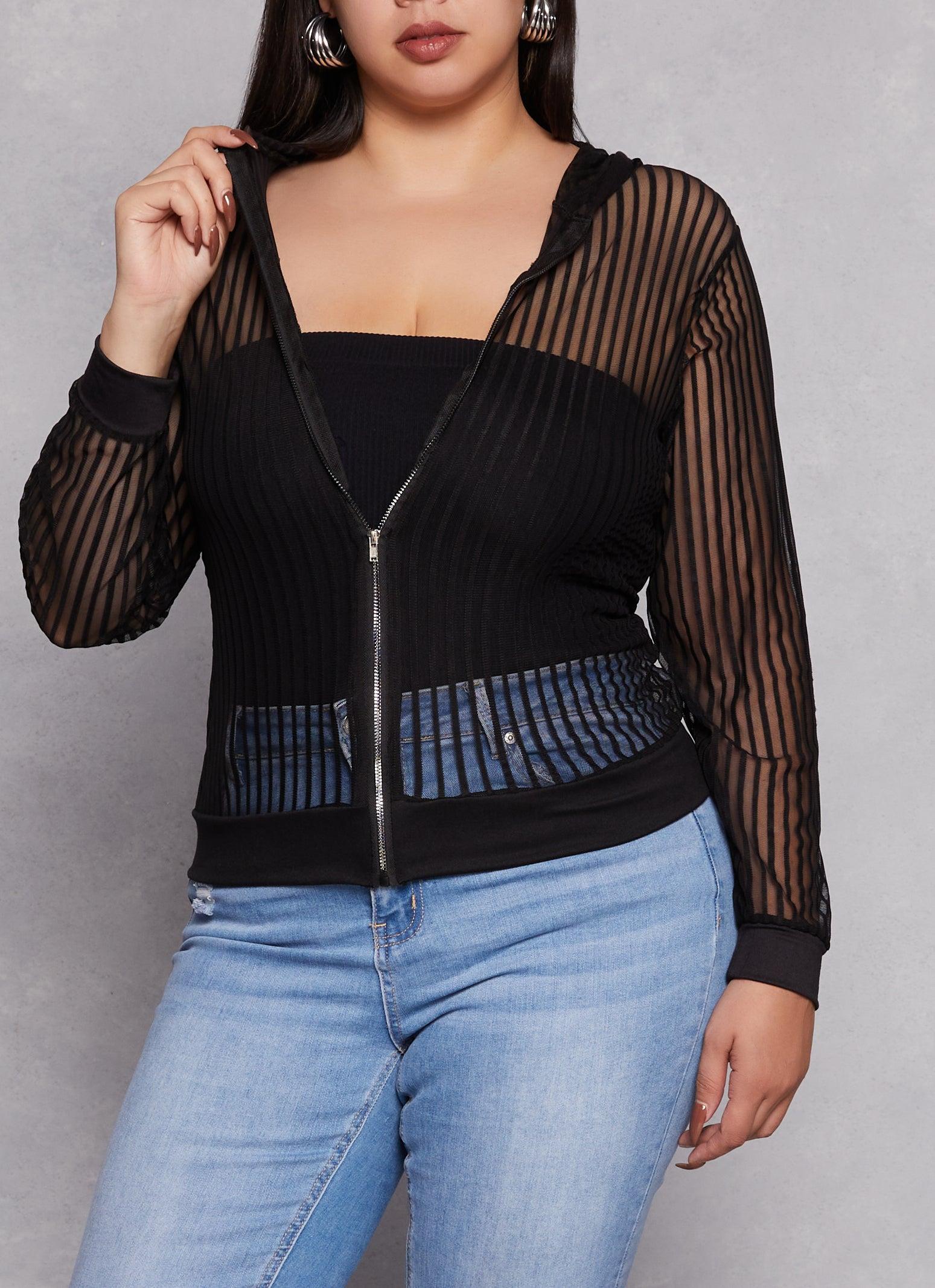 Womens Plus Size Mesh Shadow Striped Zip Front Hoodie Product Image