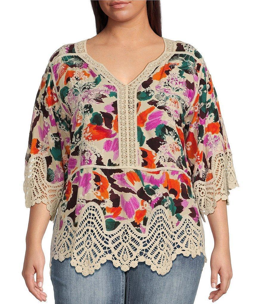 Democracy Plus Size Split V-Neck Crochet Scallop Trim 3/4 Sleeve Peplum Top Product Image