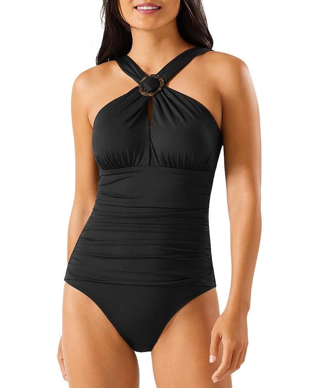 Tommy Bahama Pearl Solids Over the Shoulder High Neck Tummy Control One Piece Swimsuit Product Image