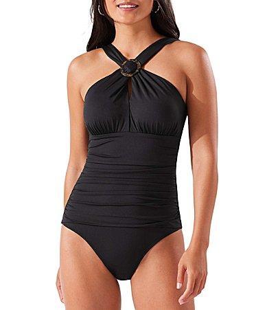 Tommy Bahama Pearl Solids Over the Shoulder High Neck Tummy Control One Piece Swimsuit Product Image