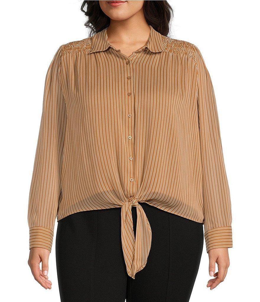 Calvin Klein Plus Size Stripe Point Collar Smocked Shoulder Long Sleeve Button Tie-Front Blouse Product Image