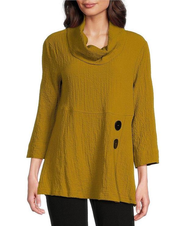 Ali Miles Woven Pucker Textured Cowl Neck 3/4 Sleeve Asymmetrical Hem Tunic Product Image