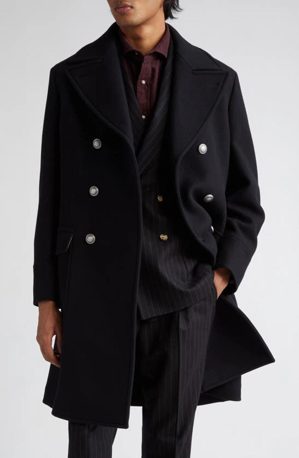 Double-breasted Wool-blend Coat In Black Product Image