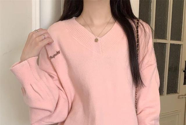 V-Neck Plain Oversized Sweater Product Image