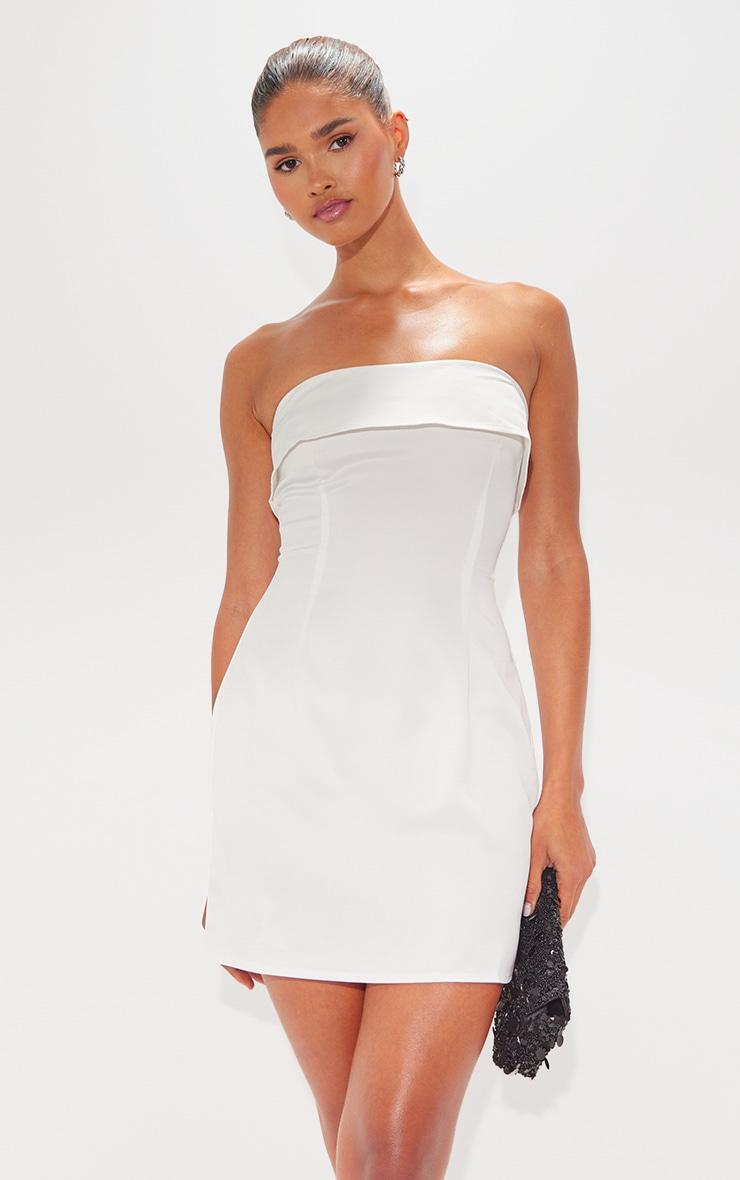 White Satin Bandeau Fold Over Shift Dress Product Image