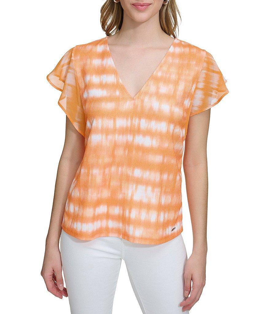 Calvin Klein Printed Chiffon V-Neck Short Sleeve Blouse Product Image