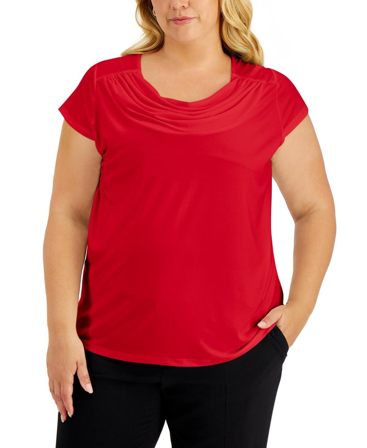 Kasper Plus Size Stretch Knit Short-Sleeve Cowl-Neck Top Product Image