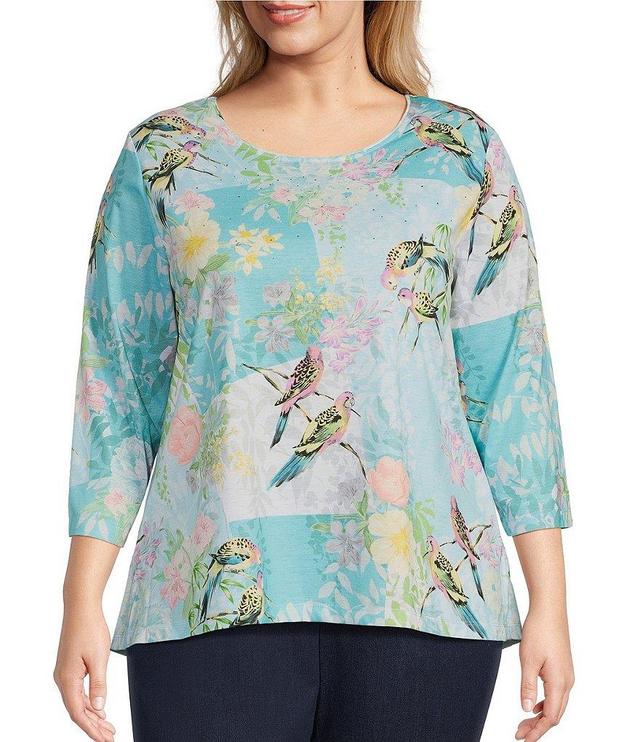 Allison Daley Plus Size Parrot Floral Patches Print 3/4 Sleeve Scoop Neck Knit Top Product Image