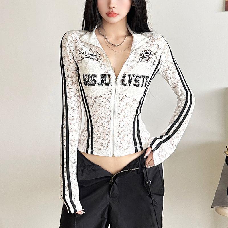 Stand Collar Lettering Print Striped Lace Zip Jacket Product Image