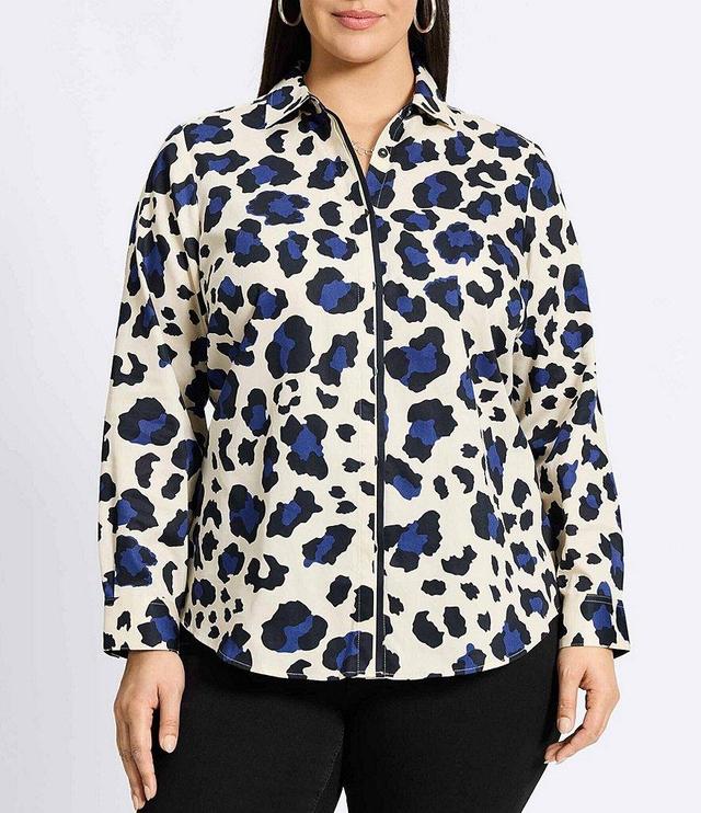 Foxcroft Plus Size Charlie Cheetah Print Cotton Sateen Wing Collar Long Sleeve Button-Front Shirt Product Image