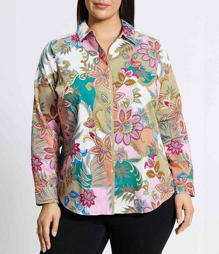 Foxcroft Plus Size Charlie Jacobean Floral Collared Long Sleeve Shirt Product Image