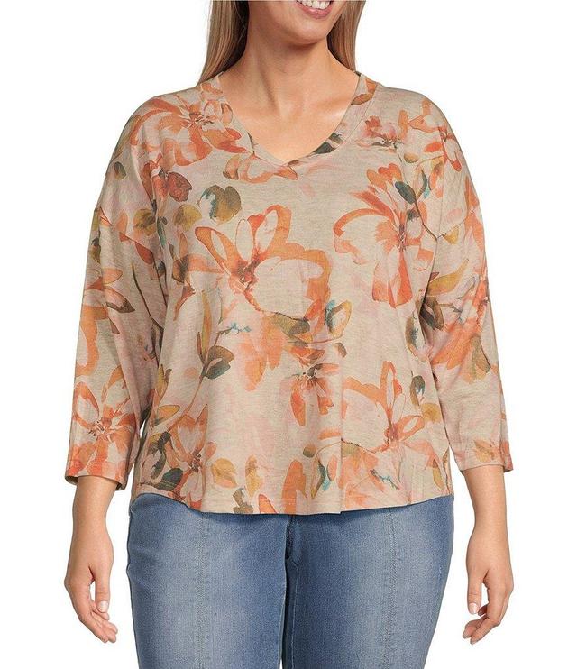 Democracy Plus Size Knit Floral V-Neck 3/4 Sleeve Shirttail Hem Top Product Image