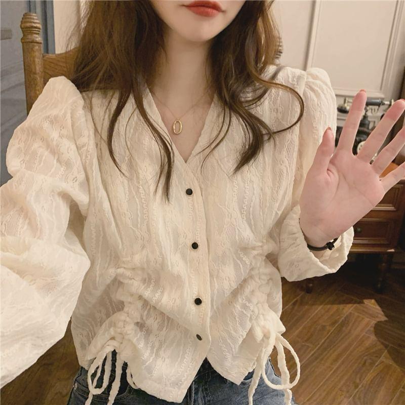 Long-Sleeve V-Neck Drawstring Lace Blouse Product Image