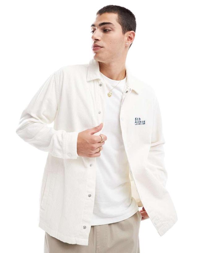 ONLY & SONS relaxed fit corduroy overshirt with 5th Ave embroidery in cream Product Image