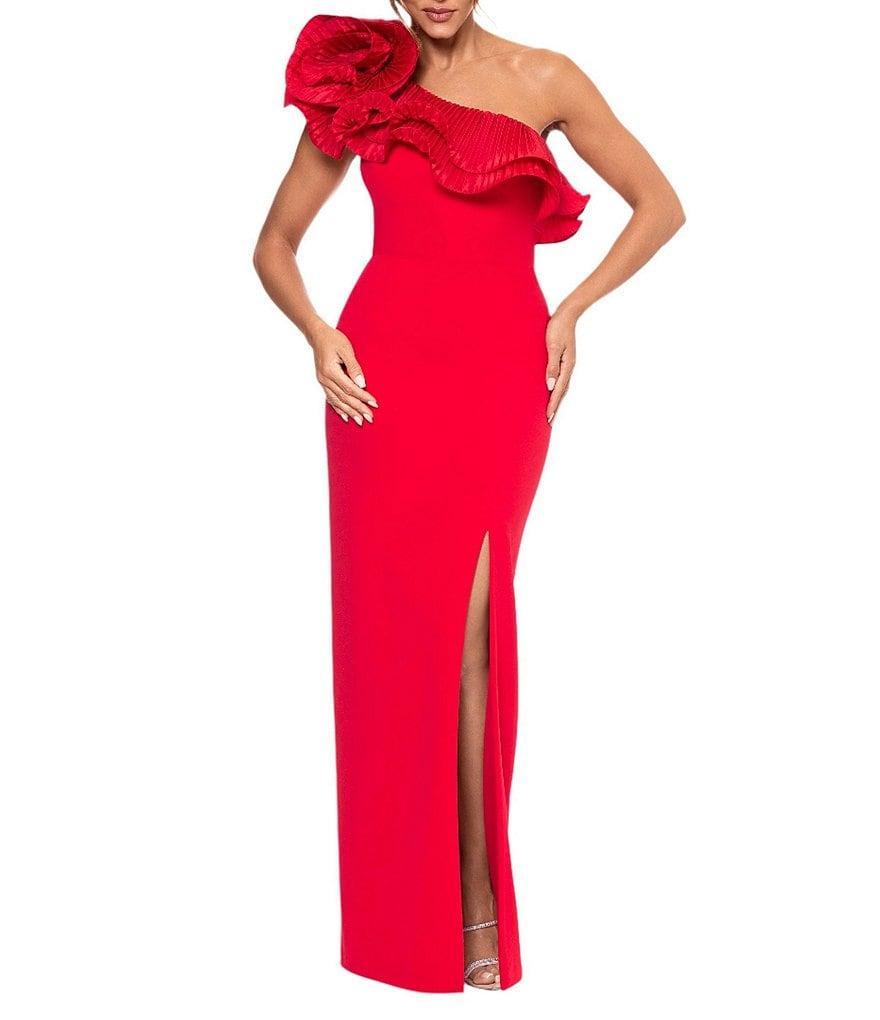 Xscape Scuba Crepe One Shoulder Asymmetrical Ruffle Sheath Dress Product Image