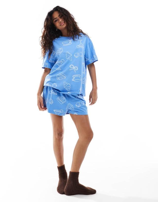 ASOS DESIGN brunch oversized tee & short pajama set in blue Product Image