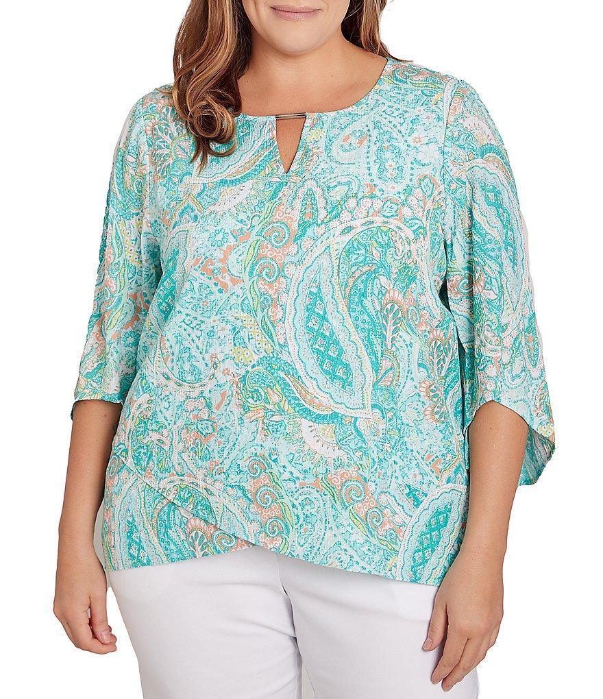 Ruby Rd. Plus Size Paisley Print Keyhole Bar Detail 3/4 Flounce Sleeve Top Product Image