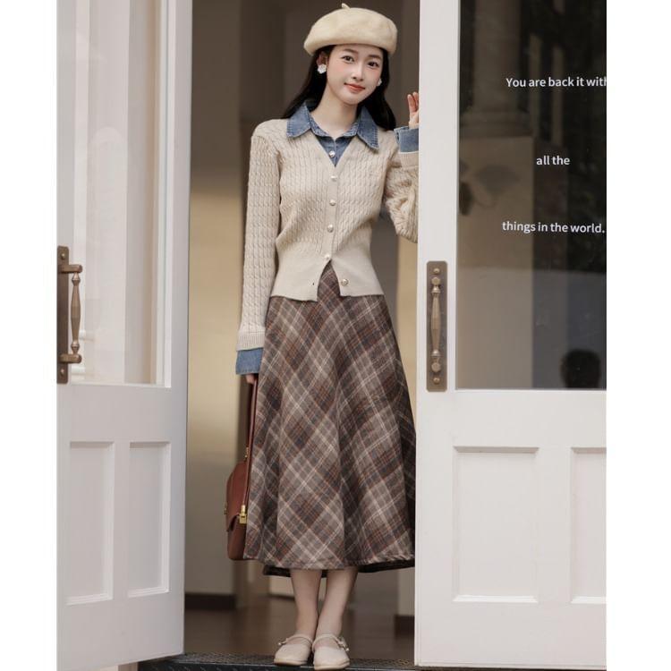 Set: Mock Two-Piece Long-Sleeve Collar Denim Panel Button Knit Top + High Waist Plaid Midi A-Line Skirt Product Image