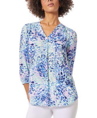 Petite V-Neck 3/4-Sleeves Printed Kelly Blouse Product Image