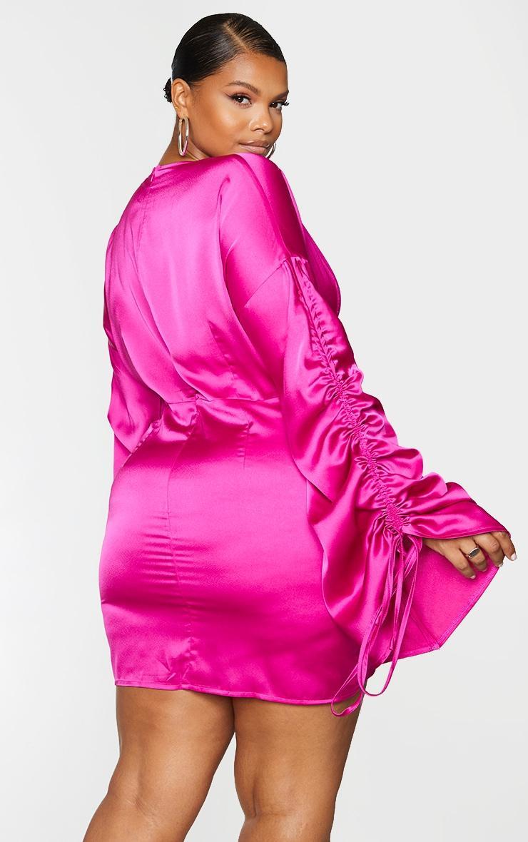 Plus Fuchsia Satin Plunge Ruched Front Dress Product Image