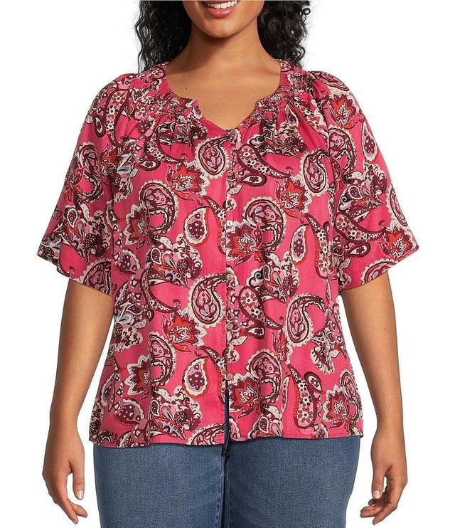 Westbound Plus Size Woven Short Sleeve Y-Neck Button Front Top Product Image