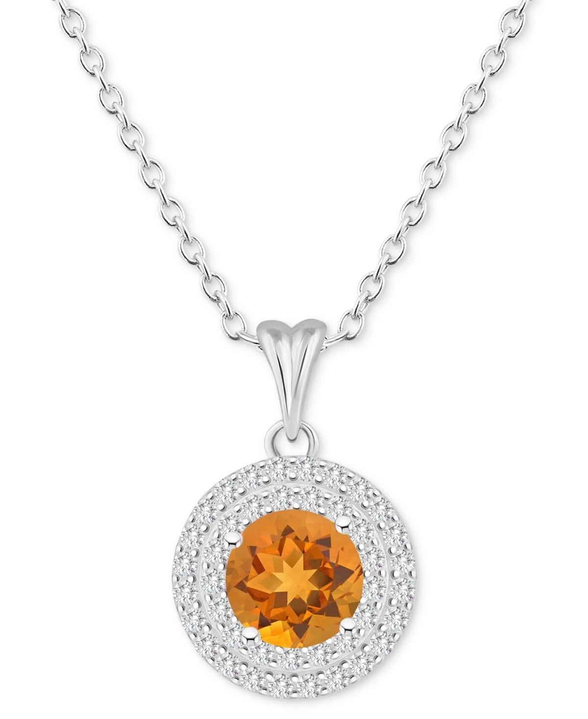 Celebration Gems Sterling Silver Round-Cut Citrine & White Topaz Double Halo Pendant Necklace, Womens Product Image