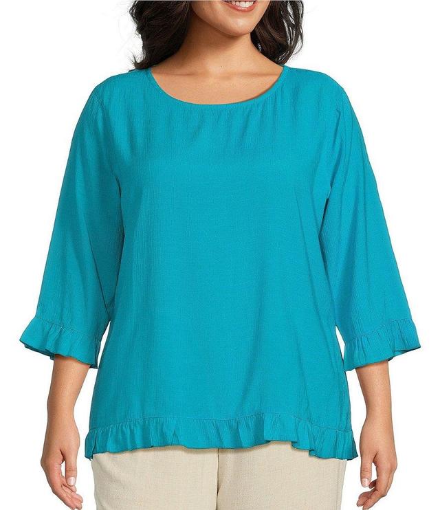 Multiples Plus Size Slub Woven Scoop Neck 3/4 Sleeve Ruffled Fitted Top Product Image