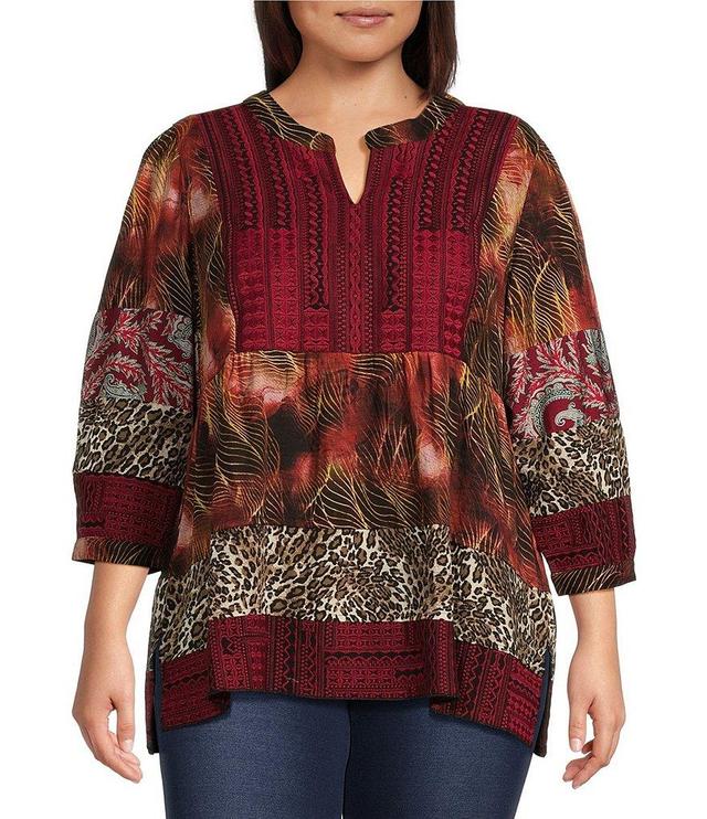 Calessa Plus Size Embroidered Patchwork Print Split Round Band Collar 3/4 Sleeve Tunic Product Image