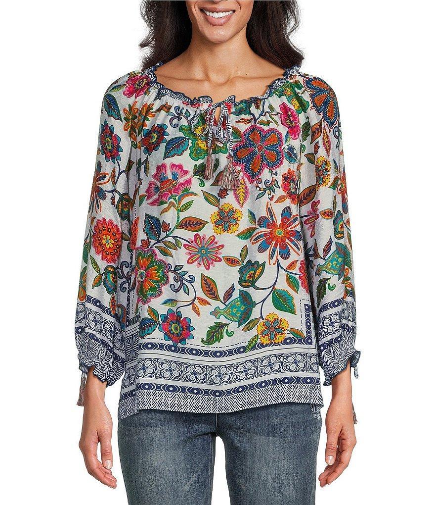 John Mark Embroidered Floral Print Split Neck 3/4 Sleeve Tunic Product Image