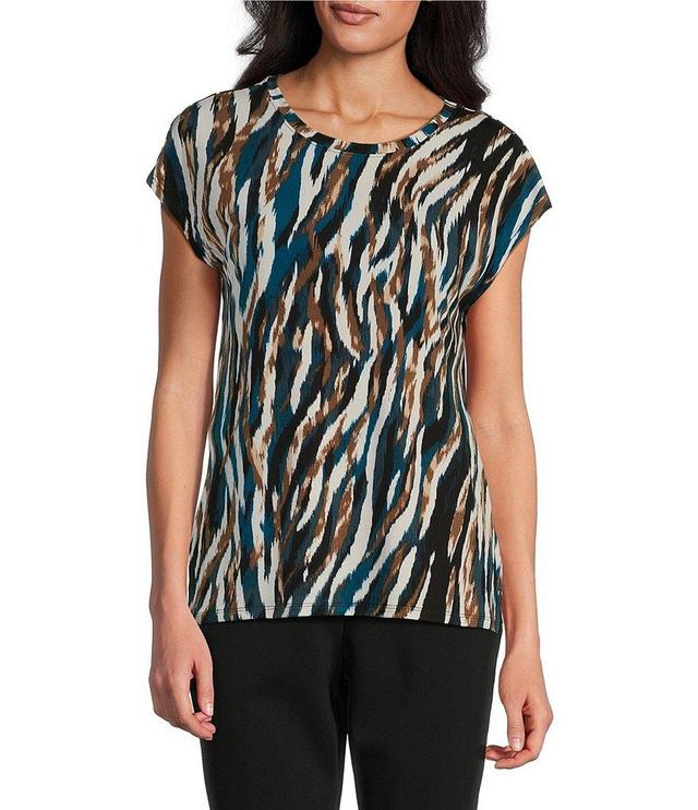 Investments Petite Size Zebra Print Cap Sleeve Crew Neck Top Product Image