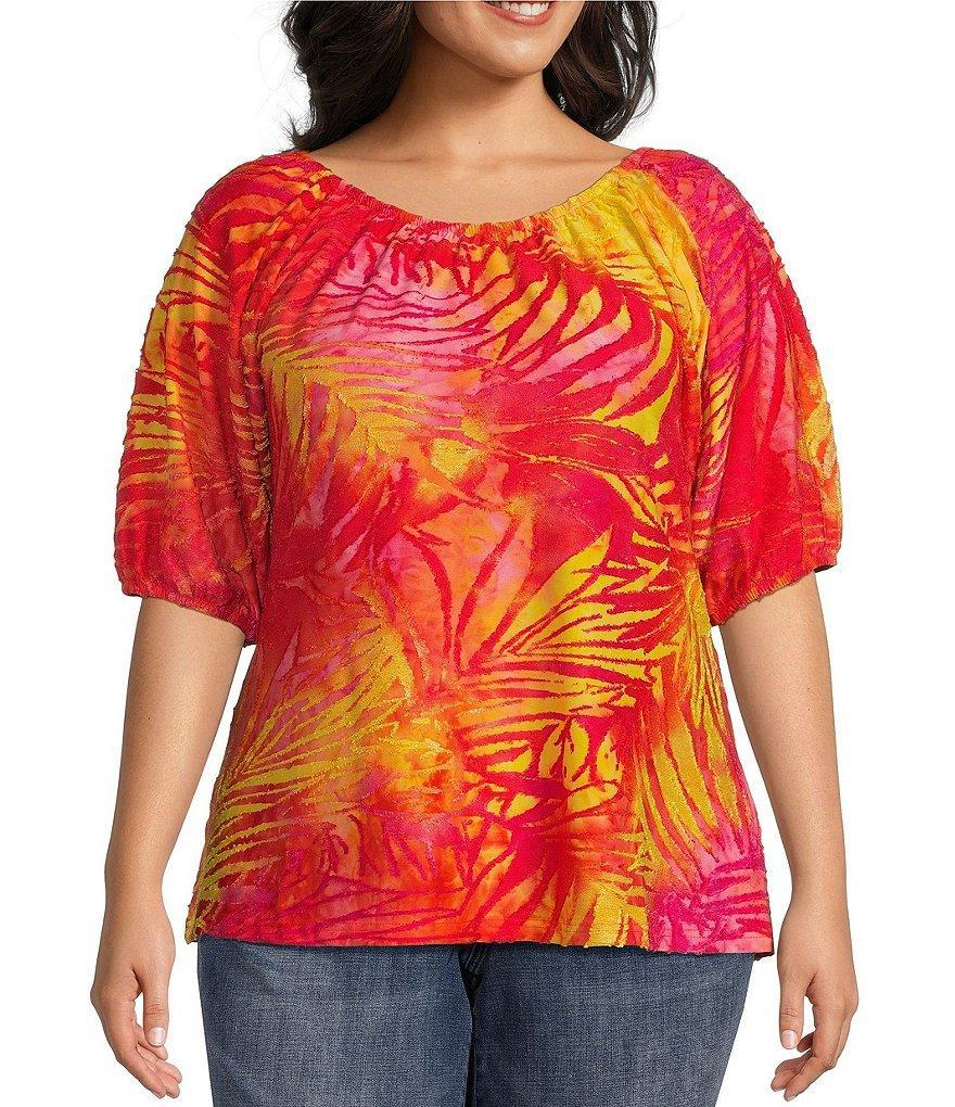 Calessa Plus Size Scoop Neck 3/4 Sleeve Burnout Tie-Dye Print Blouse Product Image