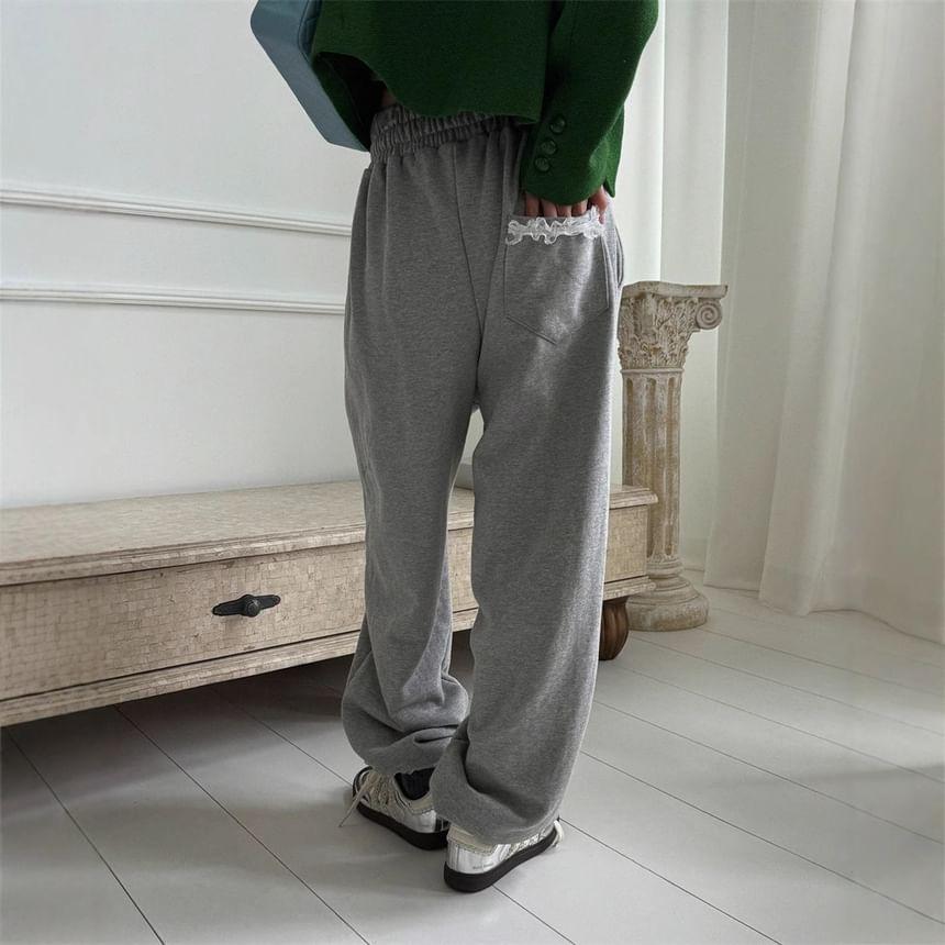 High Rise Lace-Trim Plain Loose-Fit Wide-Leg Sweatpants Product Image