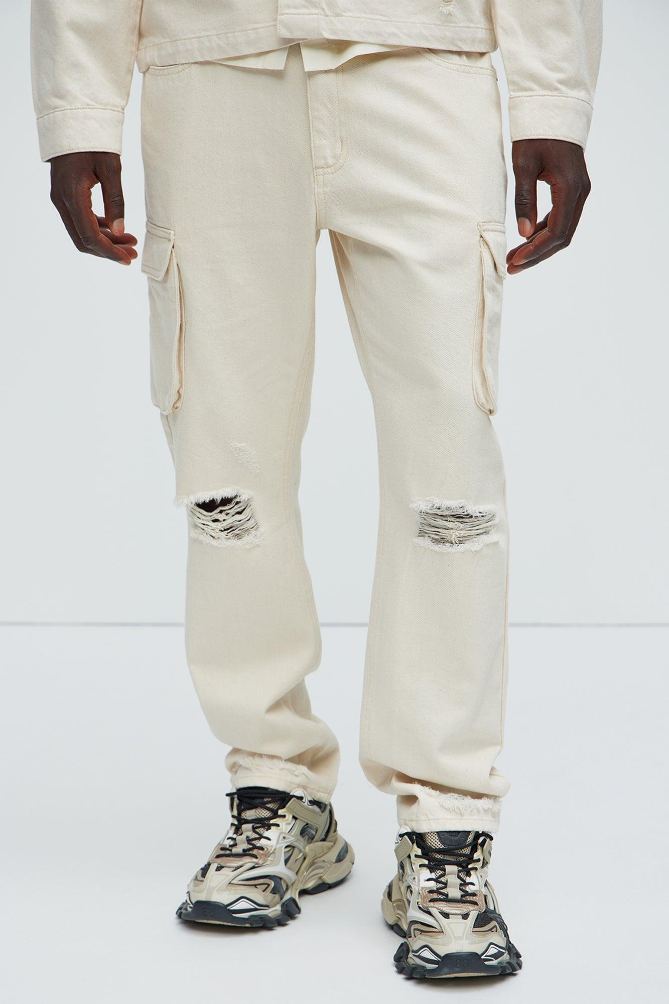 Benson Distressed Slim Cargo Pants - Cream Product Image