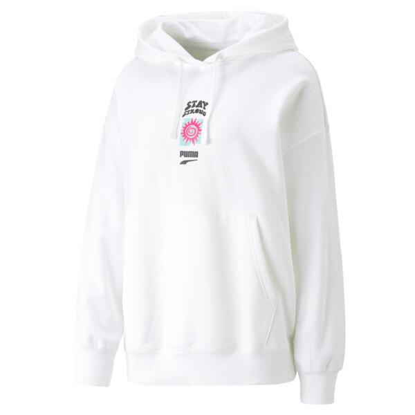 PUMA Downtown Women's Graphic Hoodie in White, Size XS Product Image