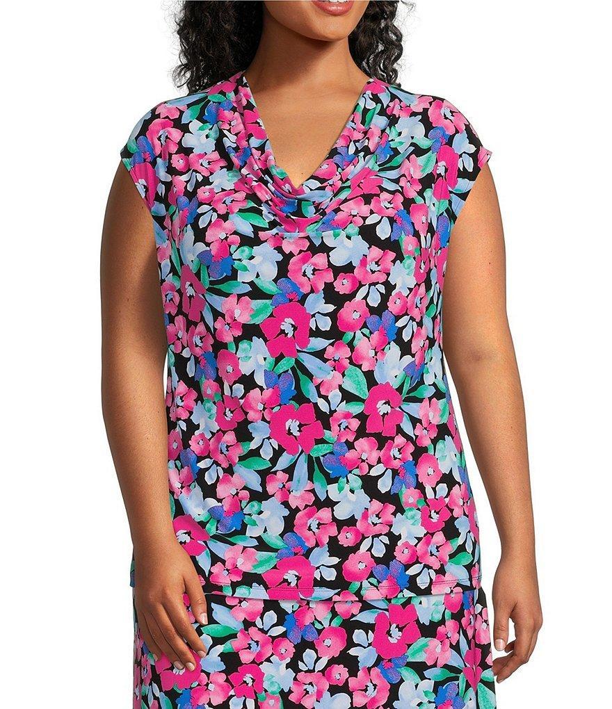 Kasper Plus Size Floral Print Drape Neck Short Sleeve Fitted Top Product Image