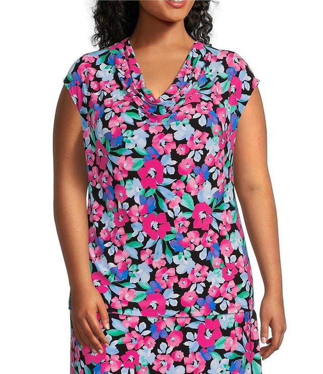 Kasper Plus Size Floral Print Drape Neck Short Sleeve Fitted Top Product Image